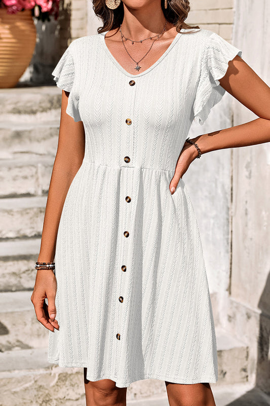 White V-Neck Button Waist Stretch Short Ruffle Sleeve Dress